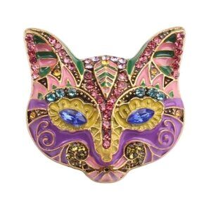 Pink & Purple Enamel Cat Head Brooch with Crystal Accents